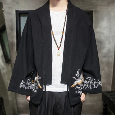 เสื้อคาร์ดิแกน Kimono ผู้ชายสไตล์ญี่ปุ่นเสื้อผ้าซามูไร Haori เครนปักลายวินเทจแบบดั้งเดิม FF2417เสื้อผ้าเอเชียยูกาตะ