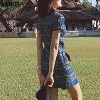 VONDA Women Plaid Button Front Square Collar Mini Dress