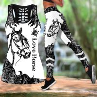 Love Horse Black Tatoo 3D Printed Hollow Tank Top &amp; Leggings Set Fitness Female Full Length Leggings Running Pants DDK72