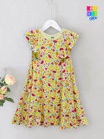 KiddeeCrew ชุดกระโปรงเด็กระบายแขน ลายผลไม้ สีเหลือง Yellow fruit print dress เหมาะสำหรับอายุ 2-10 ปี