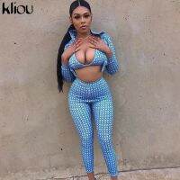 Kliou Plaid 3 Piece Sets Women Autumn Zipper Turtleneck Jackets+Sexy Bra+Elastic Pants Matching Sets Female Casual Streetwear