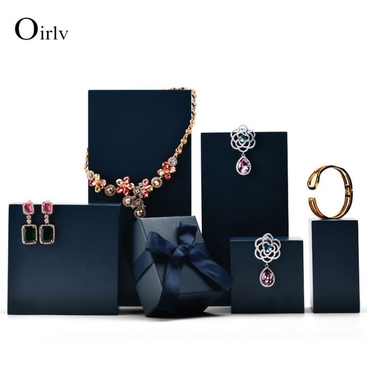 oirlv-premium-dark-blue-solid-wood-bracelet-display-stand-earring-pendant-holder-box-jewelry-prop-display-table-set