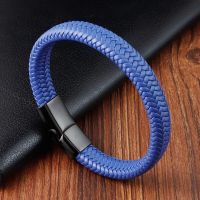 New Free Custom Name Blue/red leather Simple Charm Business Men Stainless Steel Leather Braided Bracelet Bagnet Lock Bangle Charms and Charm Bracelet