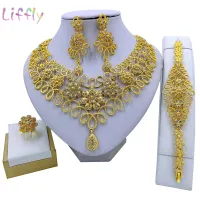 Liffly African Fashion Jewelry Sets Flower Necklace Bracelet Party Elegant Women Earrings Ring Crystal Jewelry Wedding Gift