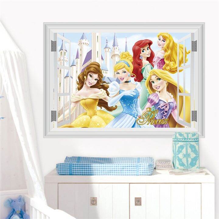 cartoon-belle-ariel-belle-aurora-princess-wall-sticker-for-home-decoration-3d-window-anime-mural-art-diy-kids-room-wall-decals