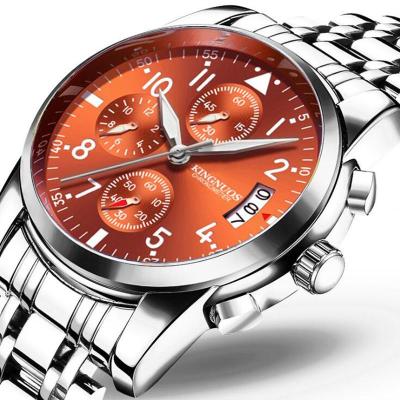KINGNUOS นาฬิกาข้อมือสำหรับผู้ชายสแตนเลสสำหรับธุรกิจนาฬิกากันน้ำปฏิทินวันที่หรูหราของแท้