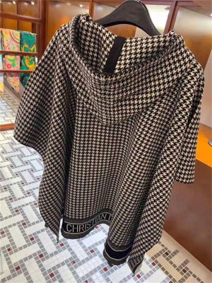 เสื้อคลุมผ้าคลุมไหล่ผ้าพันคอ Houndstooth ใหม่สำหรับผู้หญิงเสื้อคลุมหรูหราพร้อมผ้าคลุมไหล่สำหรับผู้หญิงที่อบอุ่นหมวกผ้าพันคอผ้าคลุมไหล่นุ่มแนะสวมสบายผ้าพันคอฤดูใบไม้ร่วงและฤดูหนาว