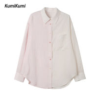 เสื้อยืดแฟชั่นเกาหลีลายทางแขนยาวของ KUMI สำหรับผู้หญิง