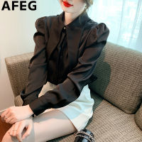 AFEG เสื้อเบลาส์แขนพองผ้าซาตินทรงหลวมมีปกฉบับภาษาเกาหลีสีทึบ