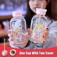 แก้ว Kawaii Taza Sailor Moon Bottles 450Ml Kawaii ถ้วยซุปน่ารัก Botol Minuman ถ้วยแก้วน้ำขวดพร้อมหลอดแว่นตาเตกีล่า