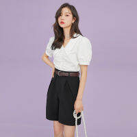 One-t 2021 Summer New French Pure Cotton Sailor Collar Crimp Plaid Shirt Skirt Commuter Two-Piece Suit