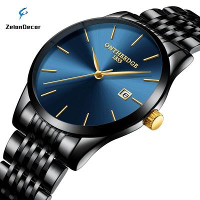 ZelonDecor นาฬิกาขายดี ONTHEEDGE RZY023กันน้ำนาฬิกานักธุรกิจของผู้ชายบางเฉียบปฏิทินสแตนเลสสายเหล็กควอทซ์มีหกสีให้เลือก