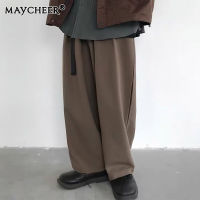 MAYCHEER กางเกงผ้าตรงขากว้างสำหรับผู้ชาย,กางเกงผ้าตรงสีทึบย้อนยุคญี่ปุ่นกางเกงขายาวลำลองใส่ได้กับทุกชุด