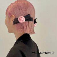 【YF】 HUANZHI French Elegant Duckbill Clip Fashion Black Bow Pink Rose Hair Ring Spring Party Vintage Accessories for Women