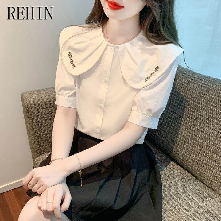 rehin-ตุ๊กตาเสื้อแขนสั้นเสื้อสตรีแฟชั่นอินเทรนด์-ใหม่ฤดูร้อนสวยขนาดเล็กปักเรียบง่ายชิค