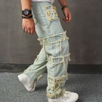 Y2K Mens Denim Pants Streetwear Fashion Ripped Patchwork Hollow Out Jeans Men Fall Vintage Style Loose Straight Jean Trousers