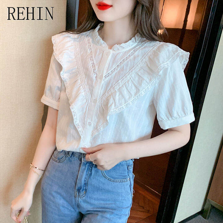 rehin-เสื้อเชิ๊ตผู้หญิงผ้าชีฟองมีรูระบาย-เสื้อเชิ๊ตผู้หญิงผ้าชีฟองสัมผัสการออกแบบแฟชั่นใหม่เสื้อเชิ๊ตผู้หญิงเสื้อผู้หญิงแขนสั้นฤดูร้อน