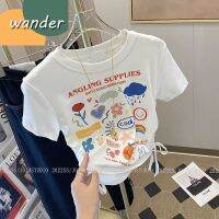 WANDER เสื้อผ้าเด็กผญ เสื้อเด็กหญิง ลายการ์ตูนน่ารัก การออกแบบเชือกแฟชั่น เสื้อตัวสั้นผ้าฝ้ายแท้สำหรับเด็ก2376