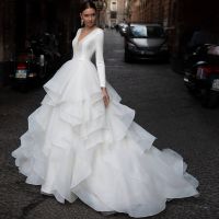 Romantic Boho Wedding Dress V-Neck Long Sleeve Ruffles Organza Court Train Princess Bride Gown Custom Made Vestido De Novia Robe