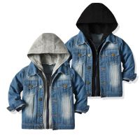 Kids Boys Girls Denim Hooded Jackets Casual Fake Two Cardigan Coat Children Cowboy Zipper Outerwear Clothes JYF