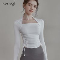 F.DYRAA Women Sports Shirts Side Drawstring Slim Yoga Shirts Fitness Running Exercise Crop Top Splicing Design Workout Clothes