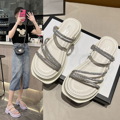 2023 Summer New Casual Fashion Rhinestone Thick Sole Outerwear One Line Buckle Dual Use Beach Sandals for Women