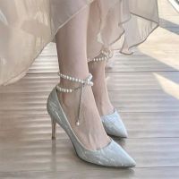 HOT★Womens Wedding Shoes Sliver String Bead Strap Pumps Pointed Toe High Heels Party Bridal Shoes Pearls Stilettos Tacones 1053N