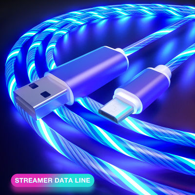 สายเรืองแสงสายชาร์จโทรศัพท์มือถือไฟ LED สายชาร์จ Micro USB Type C สำหรับ iPhone X Samsung Galaxy S7 S9 สายชาร์จสายไฟ