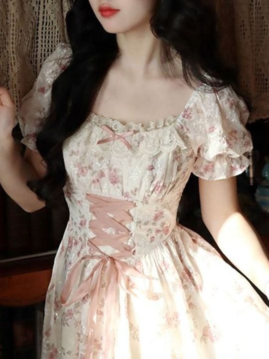 summer-korean-fashion-lace-fairy-dress-women-square-collar-princess-kawaii-floral-print-dress-female-bandage-sweet-dress-2023