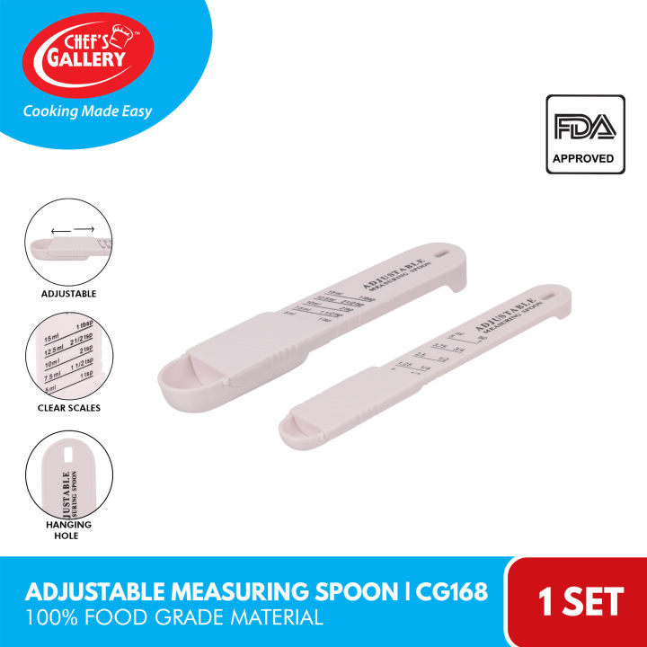 Chef's Gallery Adjustable Measuring Spoon for Teaspoon and Tablespoon, Sliding Design, Easy-to-read Measuring Marks, Space Saving, 100% Food  Grade Material, FDA Approved, CG168