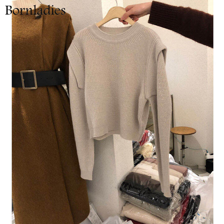 bornladies-2021-autumn-winter-loose-o-neck-fake-two-piece-pullover-basic-warm-sweater-for-women-korean-soft-kniited-sweater-tops