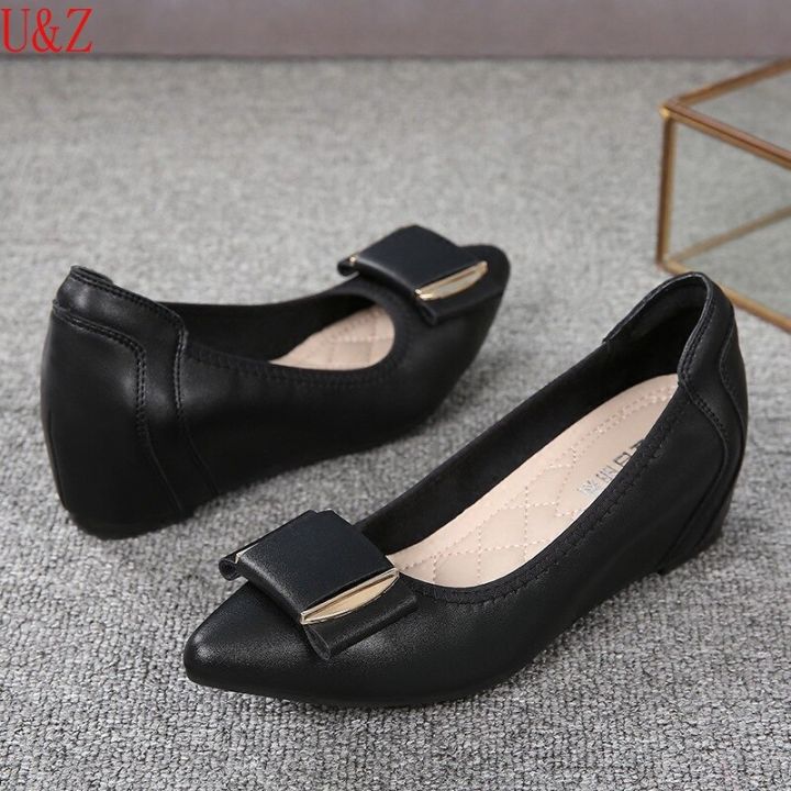 รองเท้าอย่างเป็นทางการผู้หญิงหนังสีดำรองเท้าสบายวัยรุ่นหญิงรองเท้ากลางส้นนุ่ม-soled-รองเท้าสบายปั๊มหนังสีชมพู-สีเทา