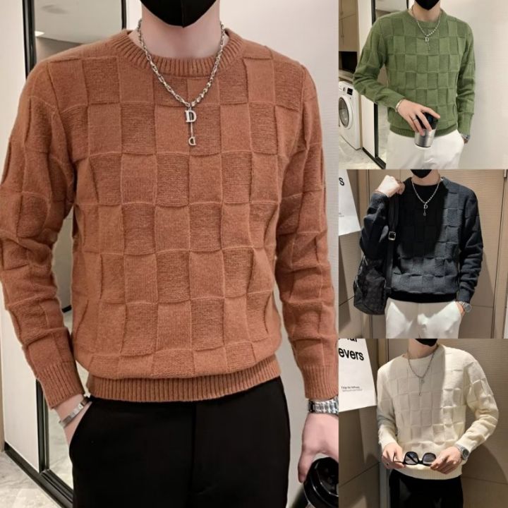 codtheresa-finger-round-neck-solid-color-sweater-checkerboard-boys-loose-casual-bottoming