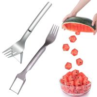 2 In 1 Watermelon Fork Slicer Multi-purpose Watermelon Slicer Cutter Knife Stainless Steel Kitchen Fruit Cutting Fork Graters  Peelers Slicers