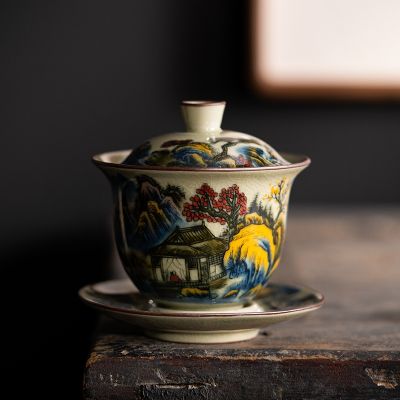 สีสันเซรามิคเปิด Gaiwan สำหรับชาภูมิทัศน์ Tureen Teaware ชุดชาจีนชาม Chawan Lily Deng S Store ถ้วยชา