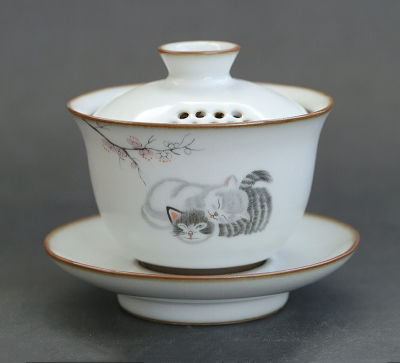 Retro Ru Kiln Ceramic Gaiwan Teacup Cute Kitten Pattern Tea Tureen Bowl Chinese Teaware Accessories Drinkware Personal Cup 140ml