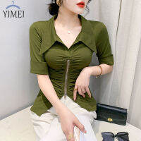 YIMEI เสื้อมีซิปดีไซน์ MODE Korea สำหรับผู้หญิง,เสื้อมีปกแขนสั้น2023ฤดูร้อน