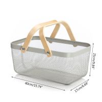 Nordic Metal Mesh Fruit Basket Bin with Double Wooden Handle Kitchen Wrought Iron Rectangle Storage Basket Food Container