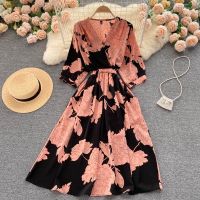 COD DSTGRTYTRUYUY Vintage V Neck Floral Print Long Dress Summer Autumn Party Women High Waist Casual Dress Elegant Beach Holiday Tunic Dress