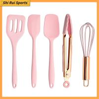 SHIRUI 5 pcs โรสโกลด์ ชุดเครื่องครัวห้าชิ้น ซิลิโคนทำจากซิลิโคน สีชมพูอมชมพู เครื่องมือครัวซิลิโคน เล็กๆน้อยๆ ทนความร้อนทน ชุดทำอาหารในครัว อุปกรณ์สำหรับห้องครัว