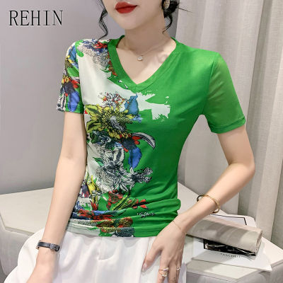 REHIN ของผู้หญิงในช่วงฤดูร้อนใหม่คอวีตาข่ายรูปแบบที่ไม่ซ้ำกันพิมพ์แขนสั้นเสื้อยืดสีปิดกั้นบางบาง S-3XL เสื้อที่สง่างาม