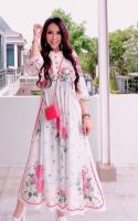 P010-125 PIMNADACLOSET - Printed Satin-Crepe Crewneck Long Puff Sleeve Button Down Loose Maxi Dress