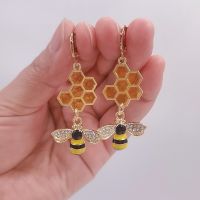 【YF】◘  Earrings with Honey Comb Mismatch Enamel Metal Drop Dangle