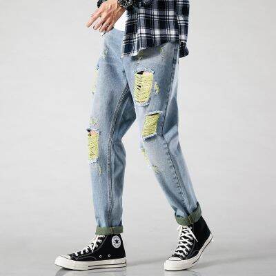 [COD] brand 2022 autumn new ripped jeans mens slim feet high-end casual all-match trousers