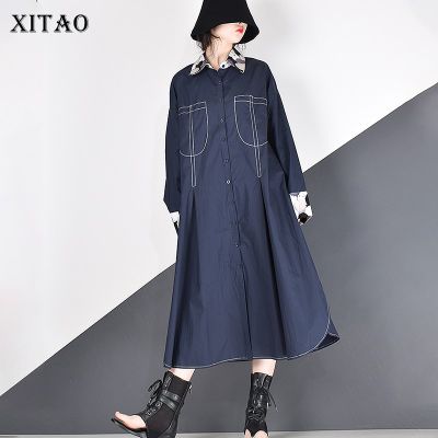 XITAO Dress Patchwork Women Casual Long Sleeve Shirt Dress