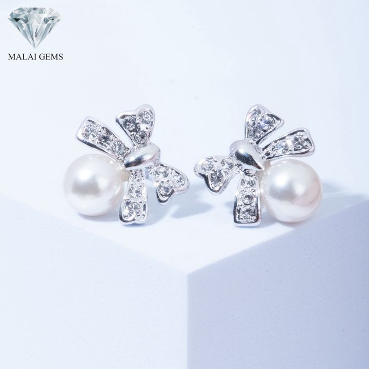 malai-gems-ต่างหูมุก-เงินแท้-silver-925-เพชรสวิส-cz-เคลือบทองคำขาว-รุ่น11010056-แถมกล่อง-ต่างหูเพชร-ต่างหูเงินแท้