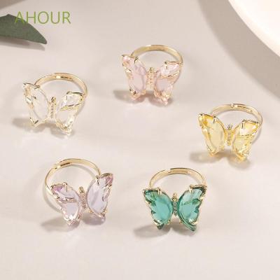 AHOUR Fashion Butterfly Finger Ring Colorful Gift For Women Open Ring Simple Style Women Transparent Candy Color Elegant Shiny Jewelry light greenlight purpleblue