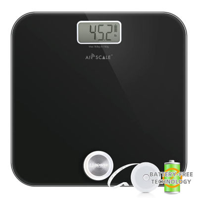 AIR SCALE AIRSCALE Digital Bathroom Scale with Tape, Battery-Free Tech, Highly Accurate Body Weighing Scale, Press-on and Auto-Off, Easy-to-Read LCD Display, Wide Platform with Precision sensors, 400lbs Black