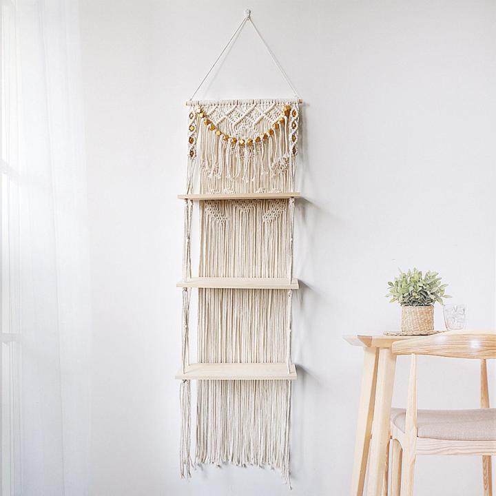 ที่วางหนังสือนิตยสารแบบพรมทอชั้นแขวนผนัง-macrame-toolsnest-สำหรับห้องนั่งเล่นตกแต่งบ้าน