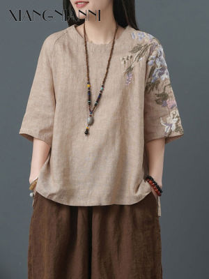 XIANG เสื้อ NIAN NI เสื้อผู้หญิงปักสั้นสไตล์จีนโบราณสไตล์ชาติพันธุ์เสื้อยืดอินเทรนด์